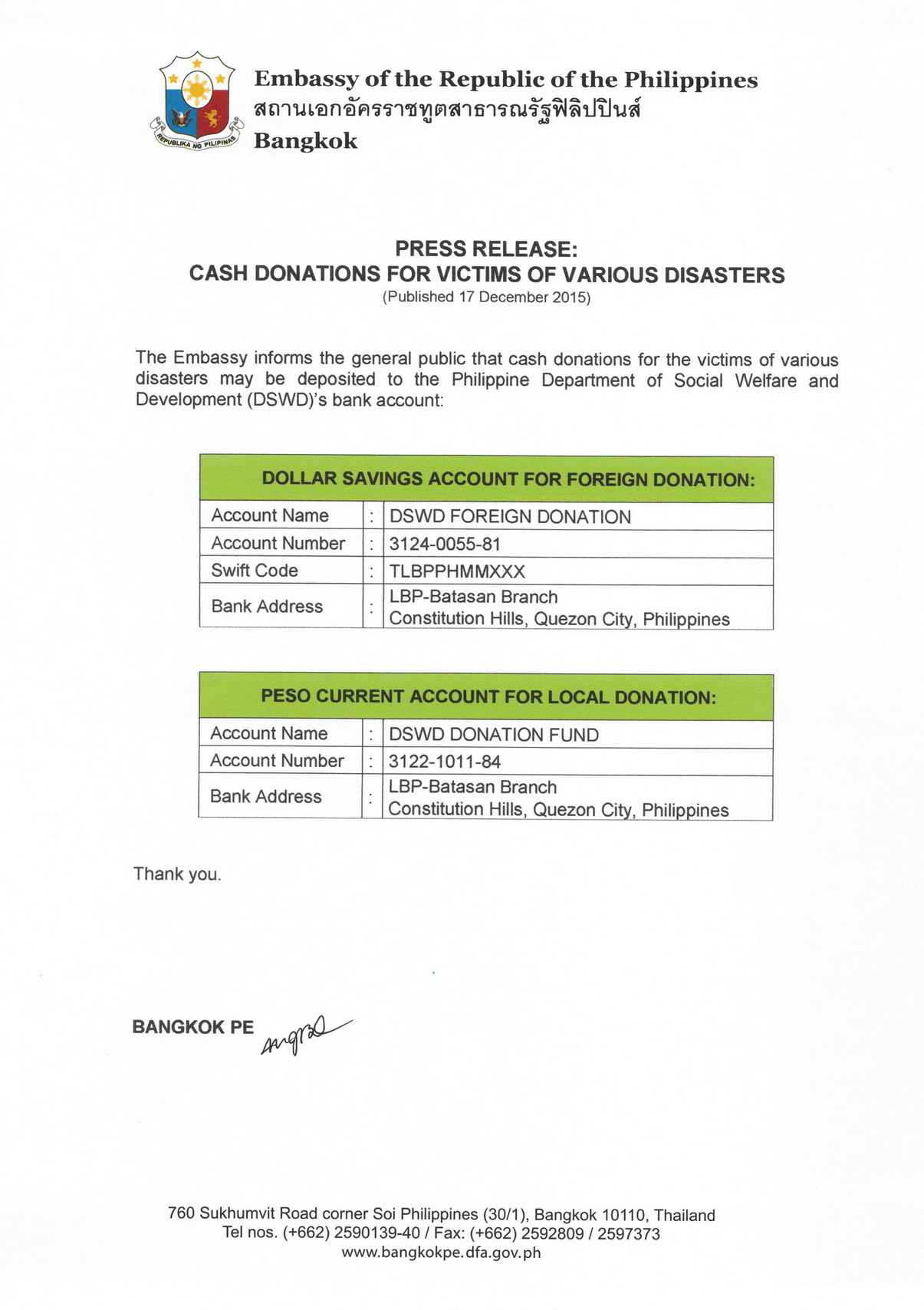 121715 Press release Cash donations