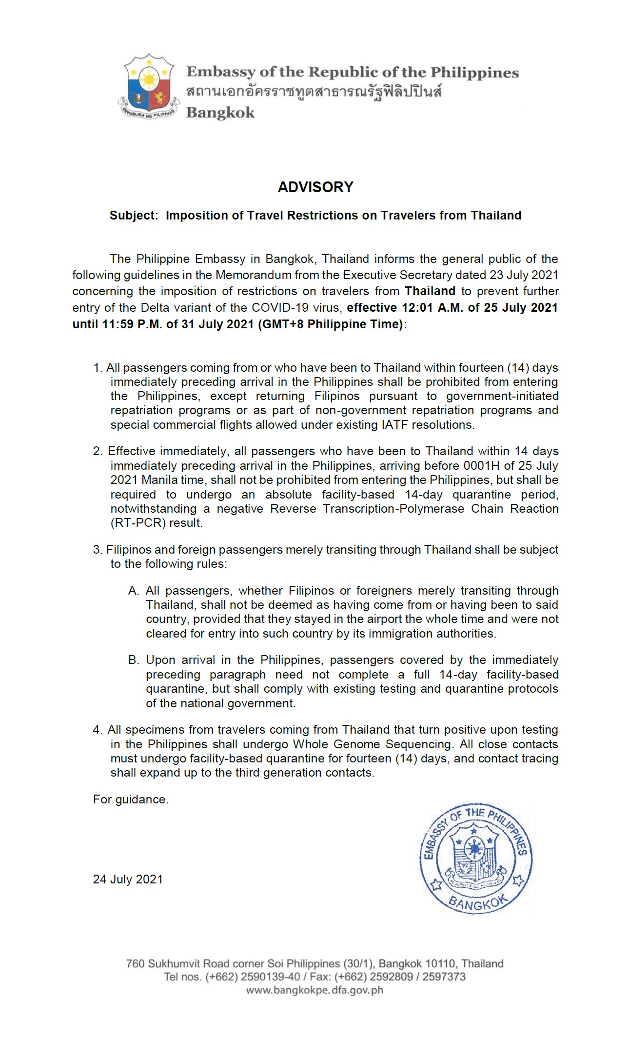 2021.07.24 Advisory re Ban on Travel from Thailand v3