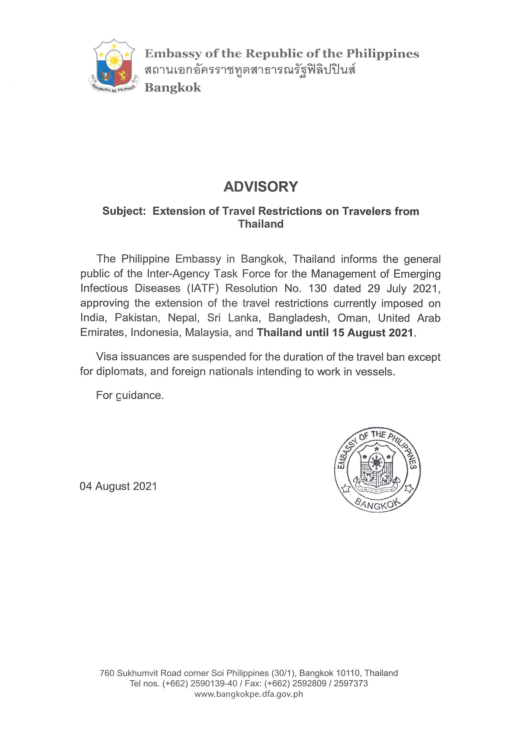 20210804 Extension of Travel Restrictions on Travelers from Thailand