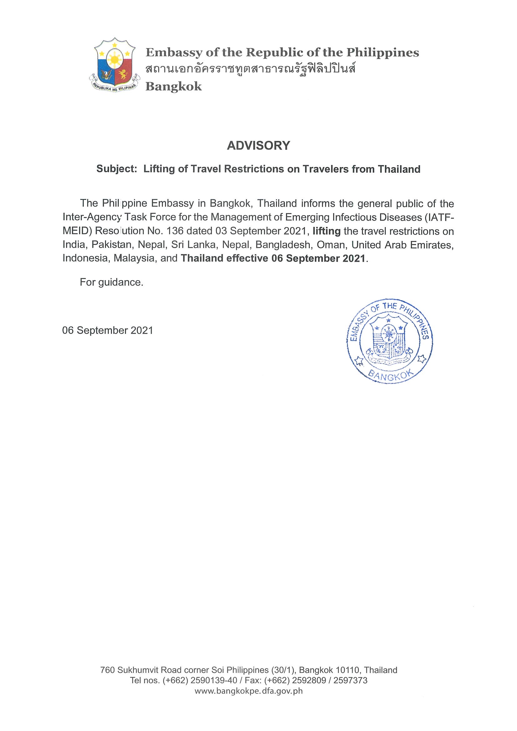 2021 09 06 Lifting of Travel Restrictions