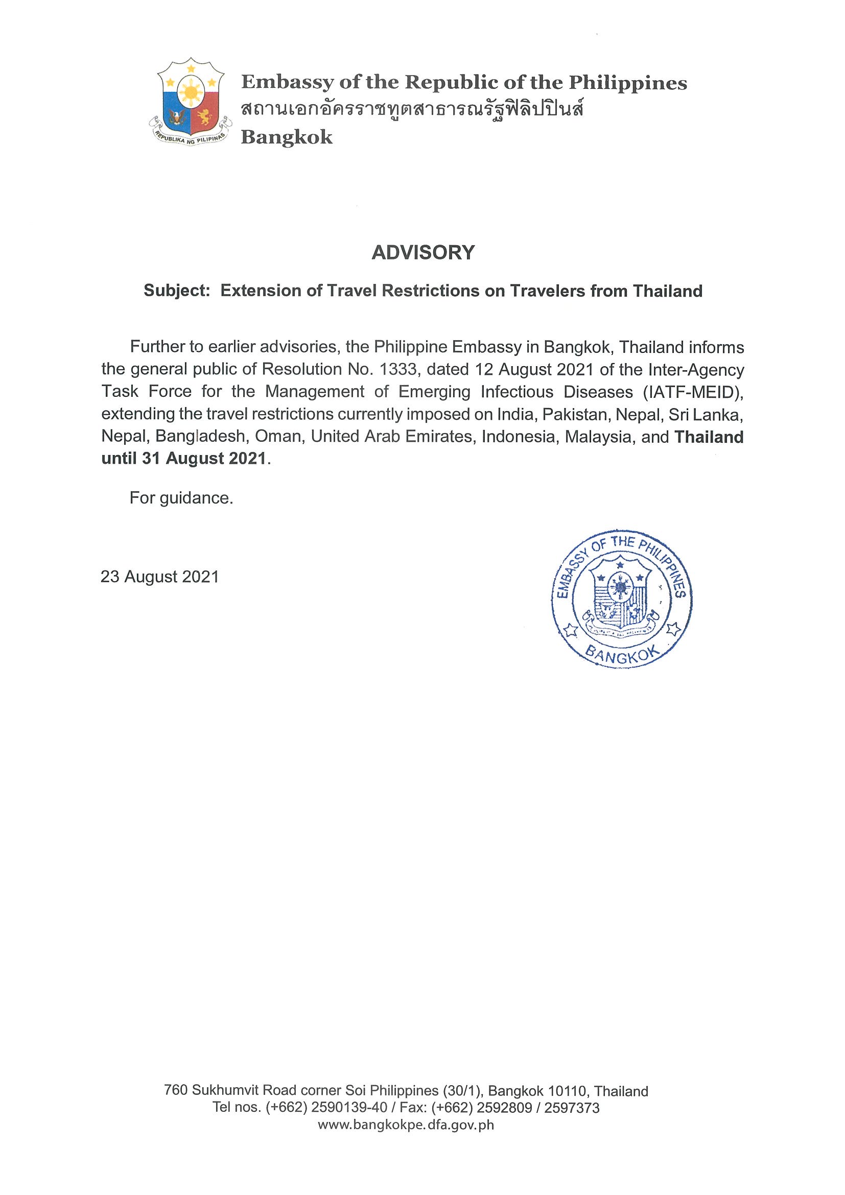 Advisory EXTENSION OF TRAVEL RESTRICTIONS ON TRAVELERS FROM THAILAND