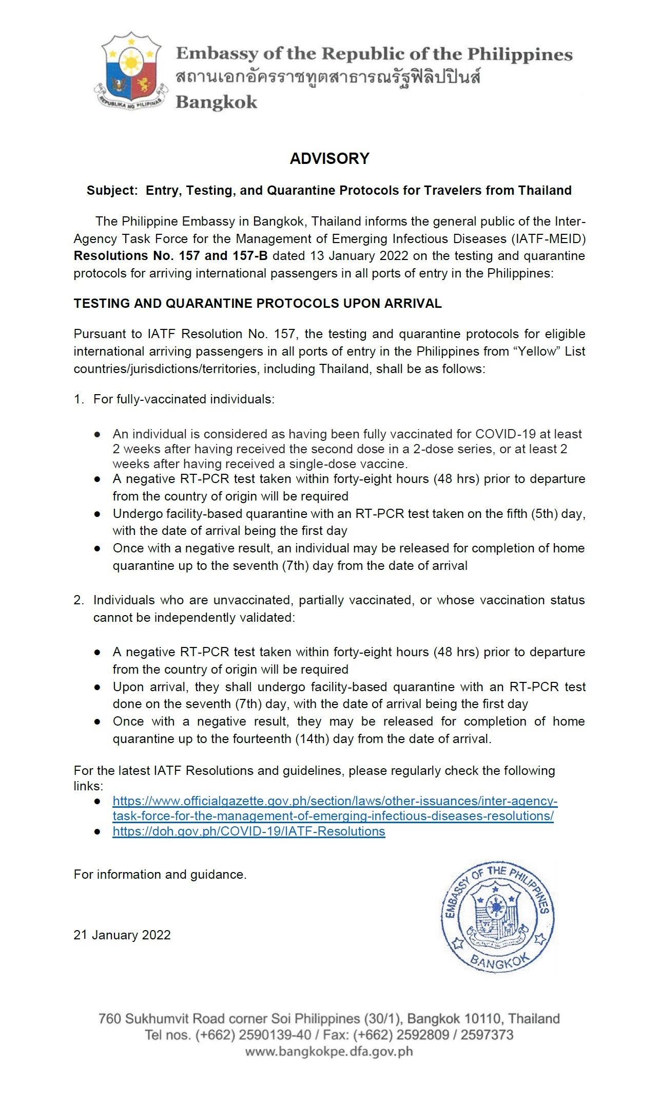 2022.01.20 IATF Advisory Entry Protocols IATF Reso 157 157B