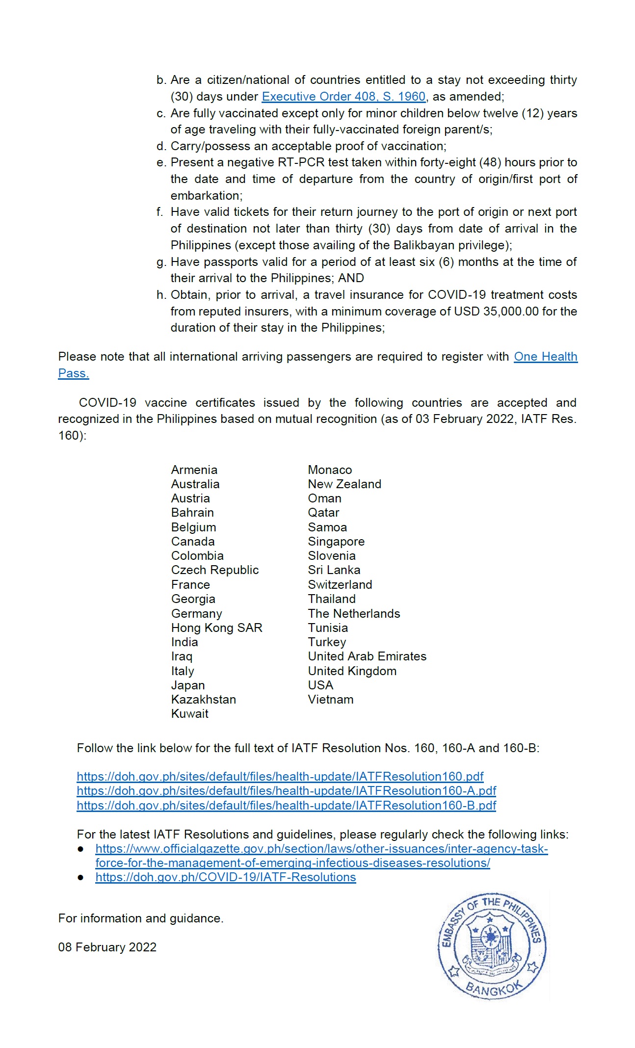 2022.02.08 IATF Advisory Entry Protocols IATF Reso 160 A 160 B 2