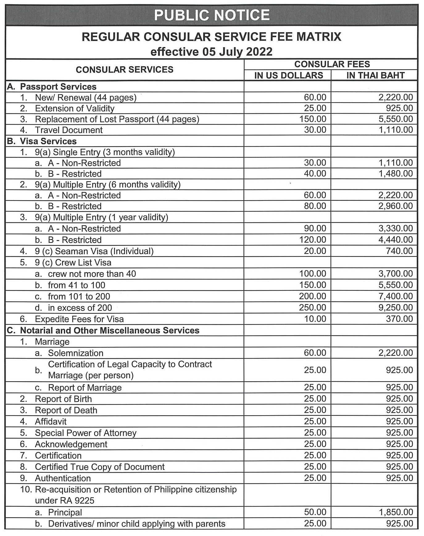 Regular Consular Services Fee a Copy