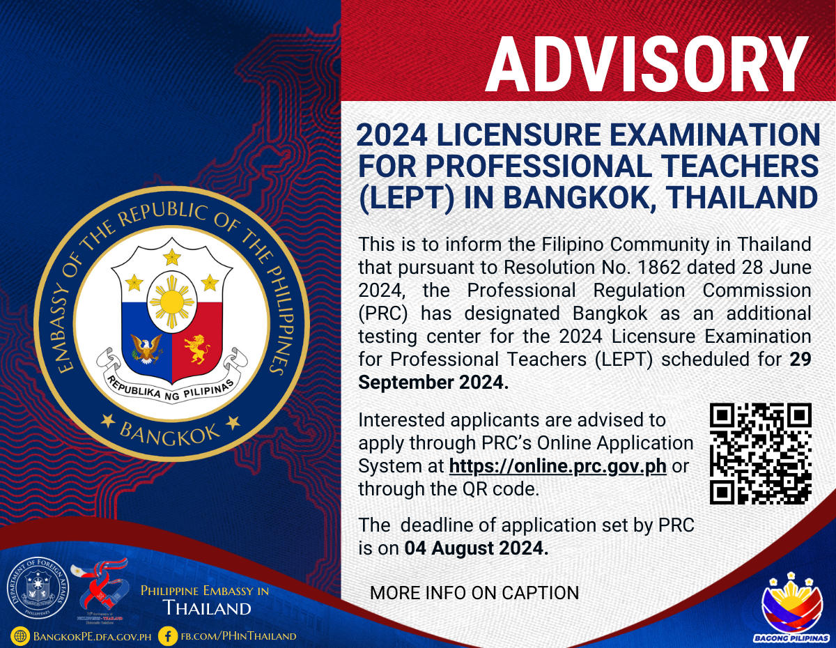 2024 LICENSURE EXAMINATION FOR PROFESSIONAL TEACHERS LEPT IN BANGKOK THAILAND