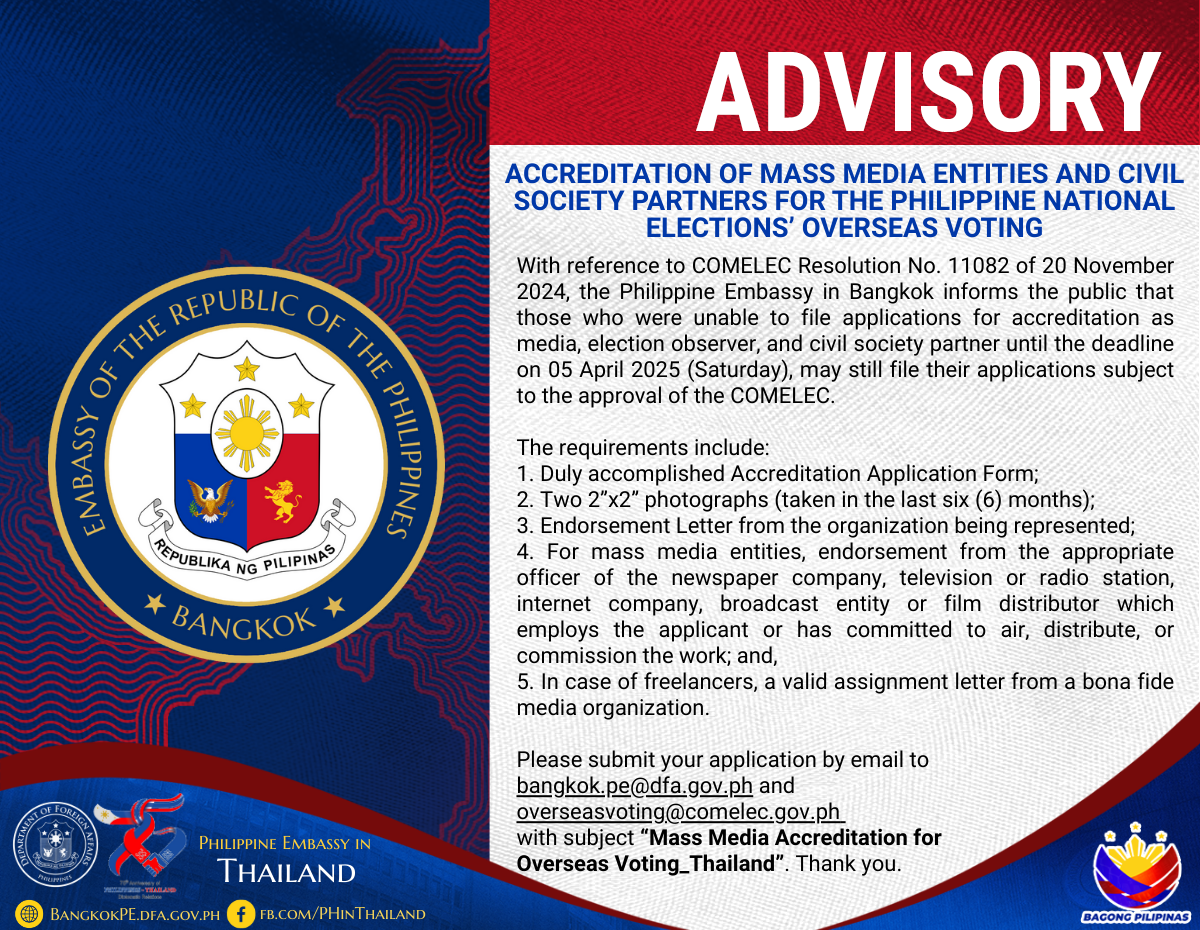 ACCREDITATION OF MASS MEDIA ENTITIES AND CIVIL SOCIETY PARTNERS FOR THE PHILIPPINE NATIONAL ELECTIONS OVERSEAS VOTING