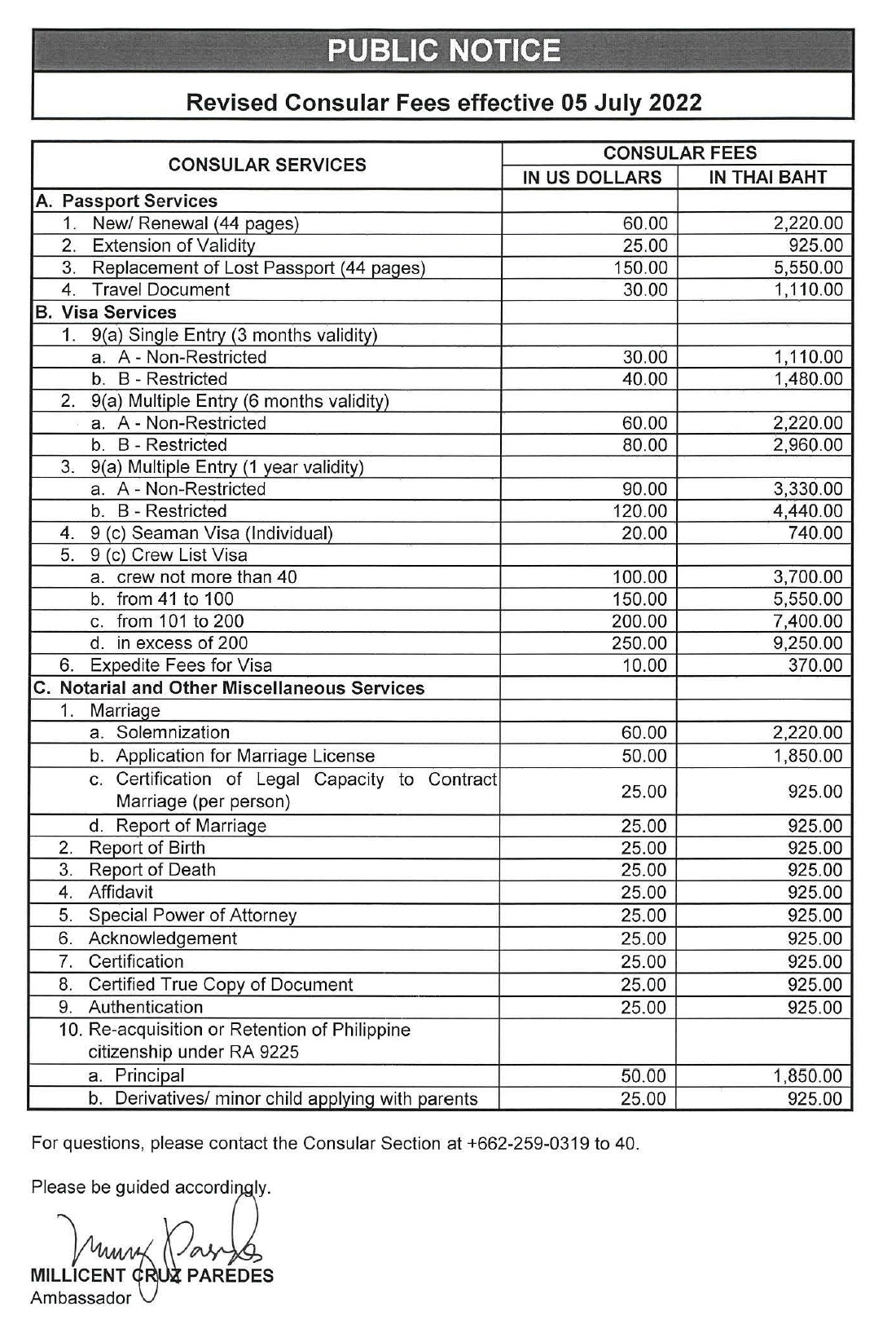 Revised Consular Fees effective 05 July 2022